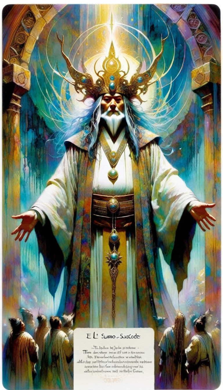 tarot card, the high priest, ((text on card: "EL SUMO SACERDOTE"))artwork by Brian Froud and Carne Griffiths and Wadim Kashin, intricate details, oil