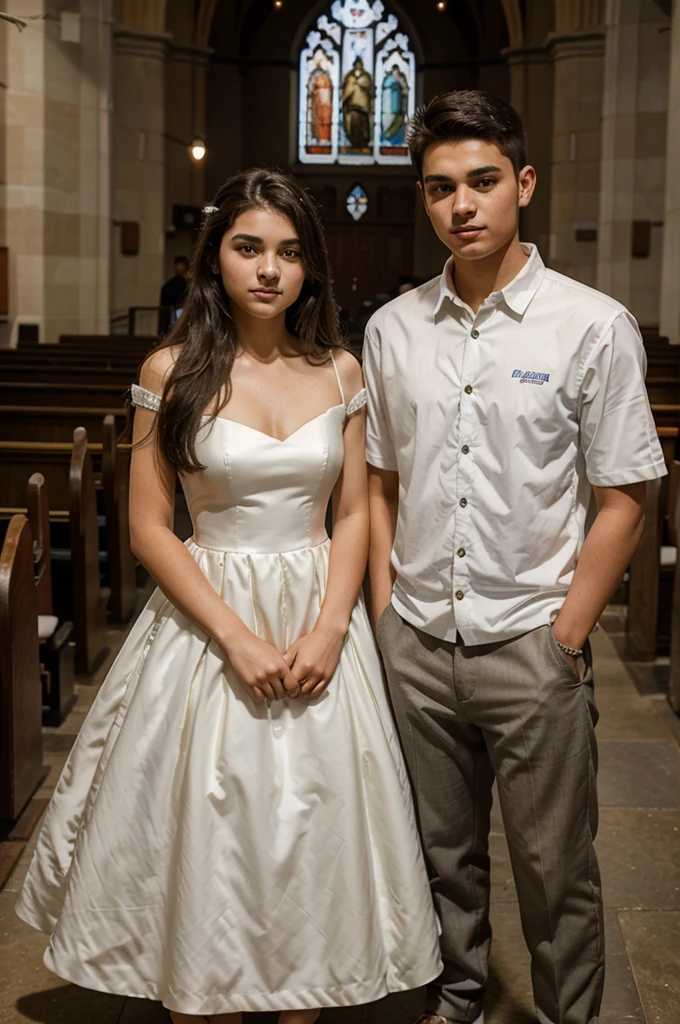 a 20 year old age boy wearing a pre-wedding dress and a 20 year old teengirl wearing a pre-wedding dress, standing in each other's poses facing the front, church background