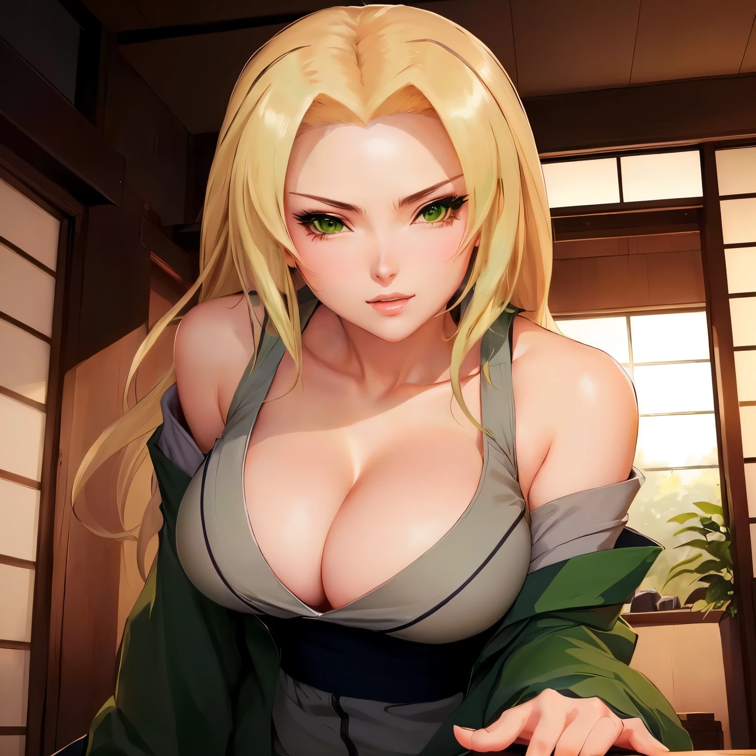 a close up of a woman in a green jacket and a green jacket, tsunade from naruto, oppai, big breasts!, range murata and artgerm, kunoichi, realistic