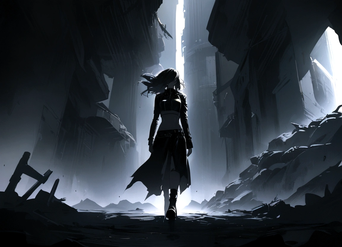 full body girl, walking head on in an apocalyptic place, with rocker clothes 