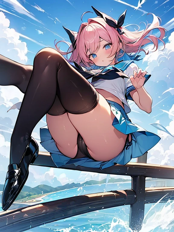 (Browsing Caution)masterpiece、Highest quality、High resolution、Real Skin、Detailed skin)、(One Girl、alone)、(Japanese Model、Japanese Girls)、short hair、Colored inside light blue、(summer 、White shirt:1.1)、(Dark blue skirt、Pleated skirt:1.1)、(The wind is blowing、Wind power increase、A skirt flipped up by the wind、A skirt flipped up by the wind、Skirt flutters:1.5)、Dark blue socks、Black Loafers、(Full-fledged panties:1.5)、Lace panties with white ribbon:1.5、blush、Embarrassing