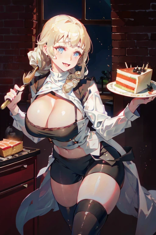 (dynamic angle:1.3, front view:1.1, breast focus:1.3, from above:1.1), (dynamic posing:1.2, sexy posing:1.2), (seductive smiling:1.3), ((looking at cake,Taking a cake out of the golden oven, worried about the outcome:1.2)),highest quality、(real、photorealistic:1.4),(ultra high resolution, 8K RAW photo, clear focus), best qualtiy, natural lighting, field depth, (Bright pupils, detailed beautiful eyes, high detailed face), Red lip, (tight focus:1.2), a girl 22yo old, Wearing a pastry chef uniform:1.3 , Thicc, thin breast, long hair, blue eyes,garter stocking, cleavage:1.2, midriff, black shorts, black thighhighs, thigh strap, pretty girl, (highly detailed beautiful face and eyes,firm breasts),real skin,((black,hair,long pony tail hair)),thin pubic hair,cute,lovely, detailed eyes,(double breasted:1.0,under bust:1.0),(with sparkling eyes and a contagious smile),open mouth, Looking at Viewer,A scene of cooking in the kitchen,looking at the golden oven
