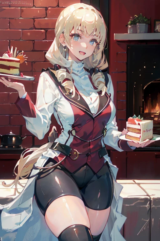 (dynamic angle:1.3, front view:1.1, breast focus:1.3, from above:1.1), (dynamic posing:1.2, sexy posing:1.2), (seductive smiling:1.3), ((looking at cake,Taking a cake out of the golden oven, worried about the outcome:1.2)),highest quality、(real、photorealistic:1.4),(ultra high resolution, 8K RAW photo, clear focus), best qualtiy, natural lighting, field depth, (Bright pupils, detailed beautiful eyes, high detailed face), Red lip, (tight focus:1.2), a girl 22yo old, Wearing a pastry chef uniform:1.3 , Thicc, thin breast, long hair, blue eyes,garter stocking, cleavage:1.2, midriff, black shorts, black thighhighs, thigh strap, pretty girl, (highly detailed beautiful face and eyes,firm breasts),real skin,((black,hair,long pony tail hair)),thin pubic hair,cute,lovely, detailed eyes,(double breasted:1.0,under bust:1.0),(with sparkling eyes and a contagious smile),open mouth, Looking at Viewer,A scene of cooking in the kitchen,looking at the golden oven