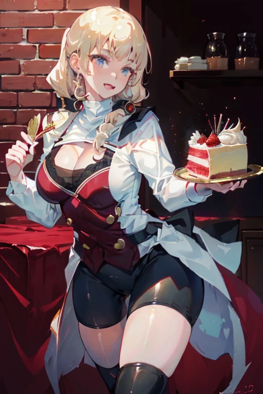 (dynamic angle:1.3, front view:1.1, breast focus:1.3, from above:1.1), (dynamic posing:1.2, sexy posing:1.2), (seductive smiling:1.3), ((looking at cake,Taking a cake out of the golden oven, worried about the outcome:1.2)),highest quality、(real、photorealistic:1.4),(ultra high resolution, 8K RAW photo, clear focus), best qualtiy, natural lighting, field depth, (Bright pupils, detailed beautiful eyes, high detailed face), Red lip, (tight focus:1.2), a girl 22yo old, Wearing a pastry chef uniform:1.3 , Thicc, thin breast, long hair, blue eyes,garter stocking, cleavage:1.2, midriff, black shorts, black thighhighs, thigh strap, pretty girl, (highly detailed beautiful face and eyes,firm breasts),real skin,((black,hair,long pony tail hair)),thin pubic hair,cute,lovely, detailed eyes,(double breasted:1.0,under bust:1.0),(with sparkling eyes and a contagious smile),open mouth, Looking at Viewer,A scene of cooking in the kitchen,looking at the golden oven
