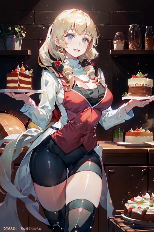 (dynamic angle:1.3, front view:1.1, breast focus:1.3, from above:1.1), (dynamic posing:1.2, sexy posing:1.2), (seductive smiling:1.3), ((looking at cake,Taking a cake out of the golden oven, worried about the outcome:1.2)),highest quality、(real、photorealistic:1.4),(ultra high resolution, 8K RAW photo, clear focus), best qualtiy, natural lighting, field depth, (Bright pupils, detailed beautiful eyes, high detailed face), Red lip, (tight focus:1.2), a girl 22yo old, Wearing a pastry chef uniform:1.3 , Thicc, thin breast, long hair, blue eyes,garter stocking, cleavage:1.2, midriff, black shorts, black thighhighs, thigh strap, pretty girl, (highly detailed beautiful face and eyes,firm breasts),real skin,((black,hair,long pony tail hair)),thin pubic hair,cute,lovely, detailed eyes,(double breasted:1.0,under bust:1.0),(with sparkling eyes and a contagious smile),open mouth, Looking at Viewer,A scene of cooking in the kitchen,looking at the golden oven