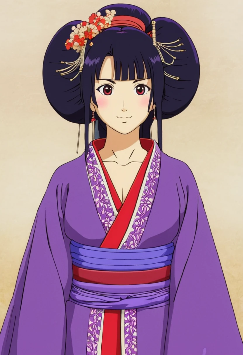 A Ghibli's studio character (2D). She have long black hair . She wears traditional oiran clothes purple and red