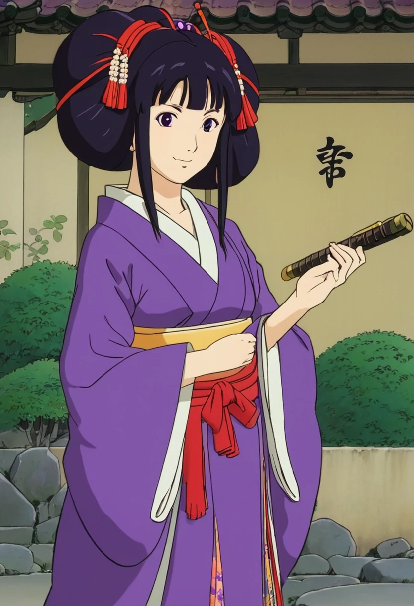 A Ghibli's studio character (2D). She have long black hair . She wears traditional oiran clothes purple and red