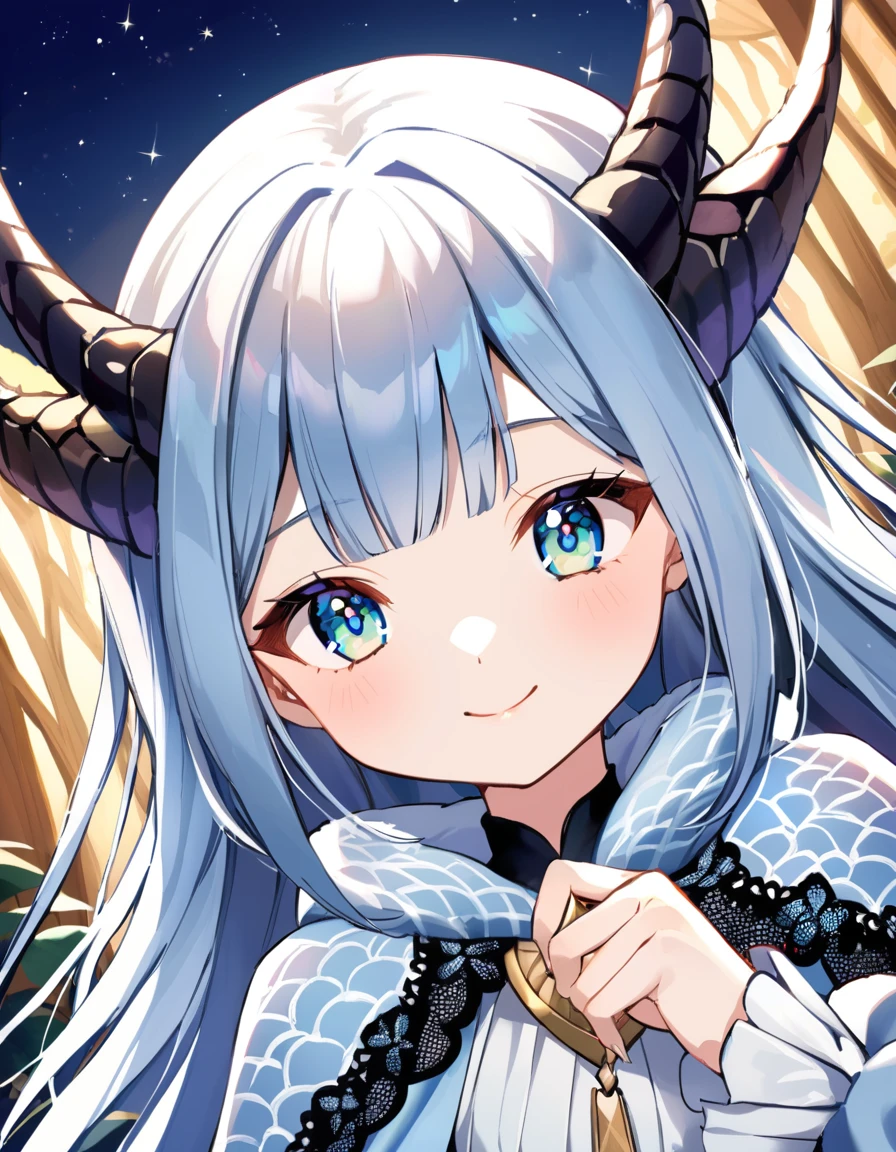 from below, close up face, look away, smile, frilly long sleeves, lace cloak, The princess is a monster with a unique beauty different from humans. Her skin is covered with scales that shine in the moonlight, and her large eyes shine like a starry sky. She lives in an ancient castle in the forest with other monsters.