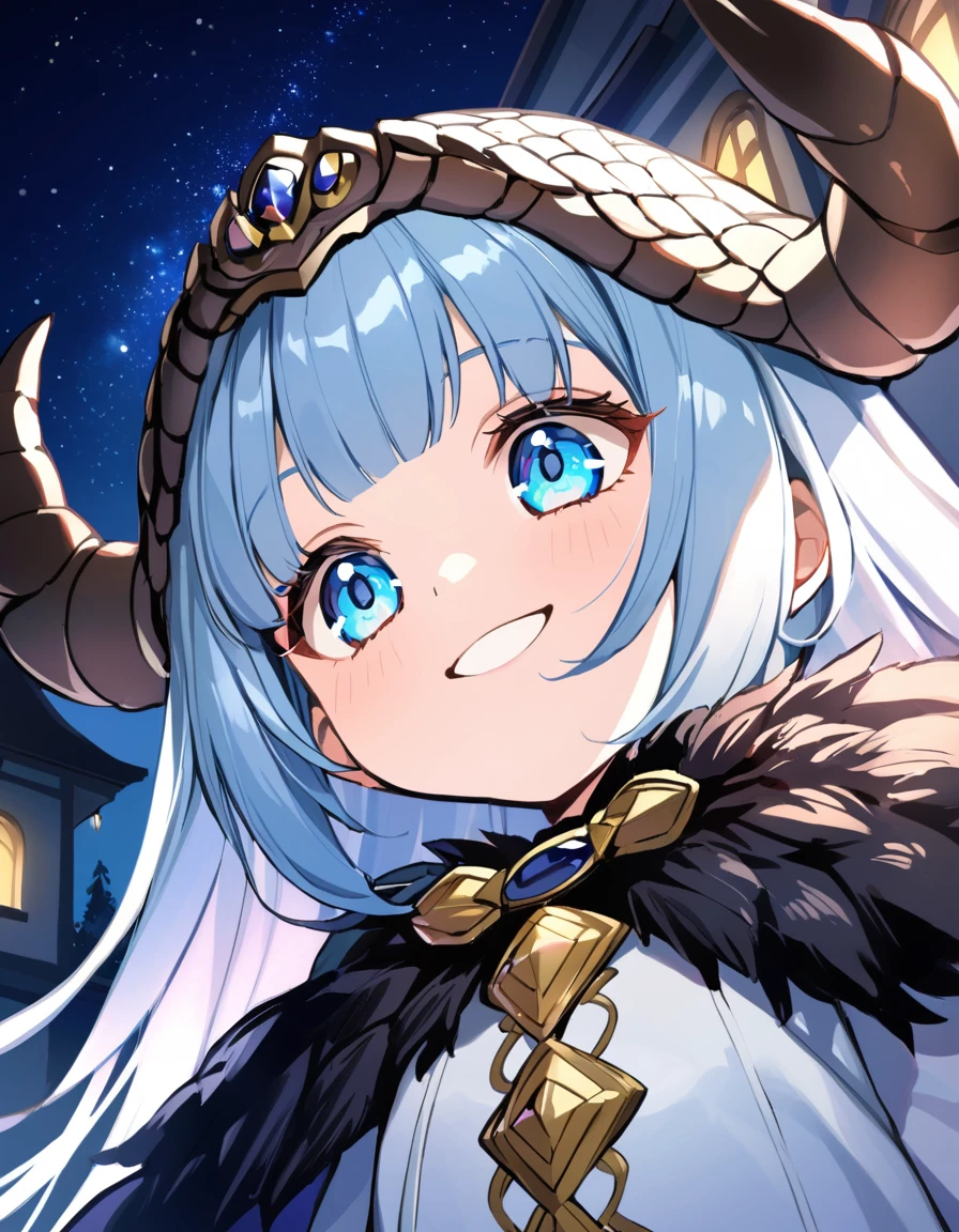 from below, close up face, look away, smile, frilly long sleeves, lace cloak, The princess is a monster with a unique beauty different from humans. Her skin is covered with scales that shine in the moonlight, and her large eyes shine like a starry sky. She lives in an ancient castle in the forest with other monsters.