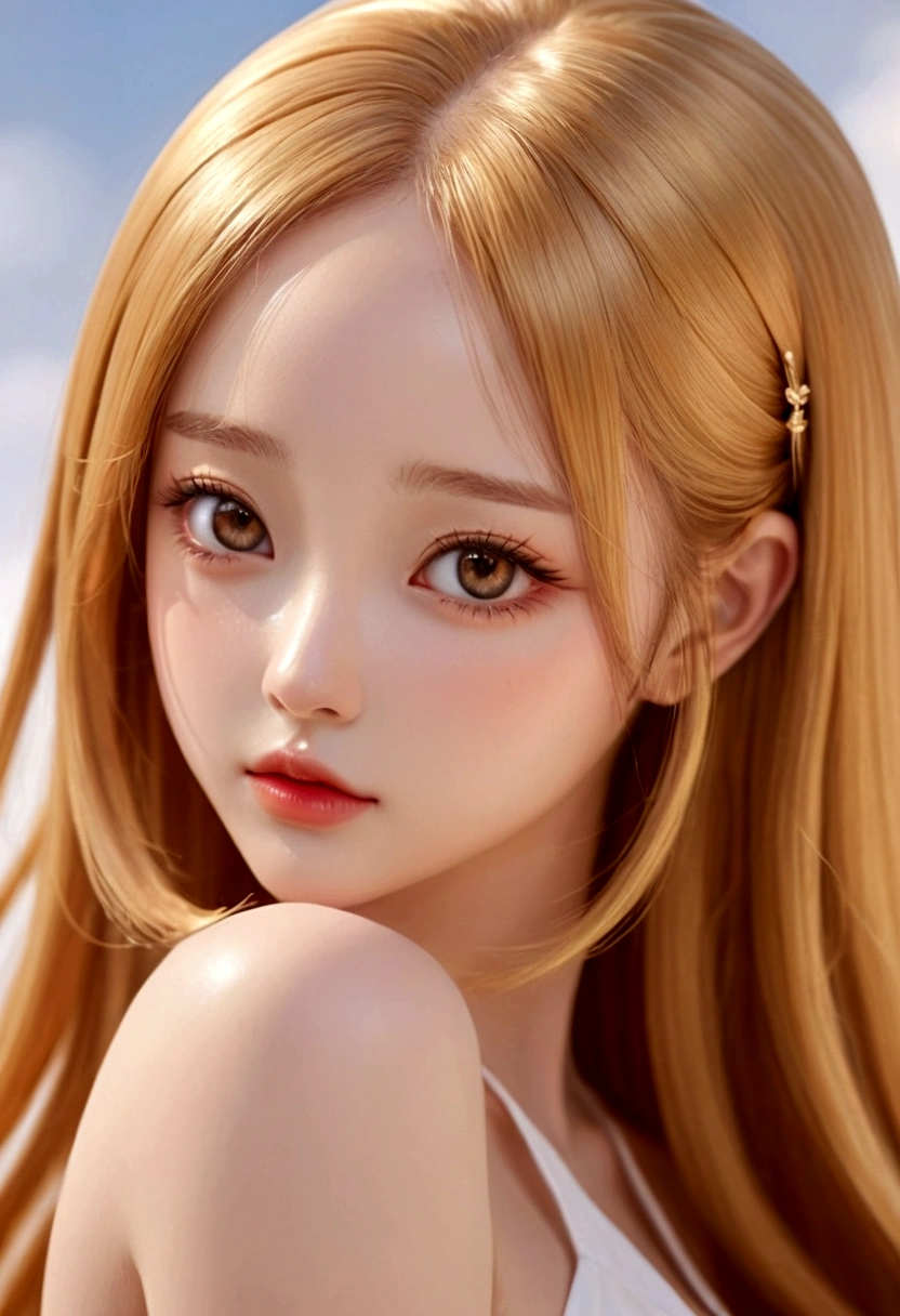 In anime style, spectacular, wonderful vision, very detailed image of a beautiful girl with a large forehead, straight golden hair, small and thick lips, medium bust, wide hips and a sculptural body, delicate, super feminine,