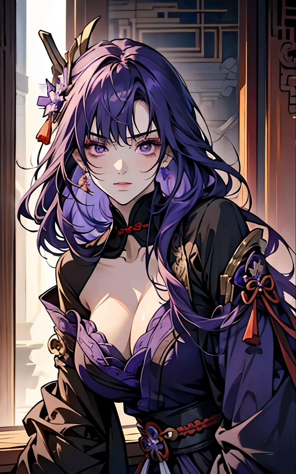 1 women, Raiden Shogun - genshin impact, long purple hair, violet eyes, violet chinese clothes, ultra long skirt, chinese room, portrait, sexy, uncovered chest 