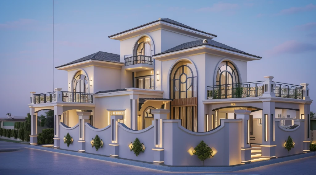 (Townhouse in city ,close houses and trees), (indochine style architecture) daylight ( best quality) ((high solution)) ,(( photo realistic)) ,warm light,  soft lighting, warm atmosphere,high Resolution, hyper detailed,4k ,vray render, octane render, hyper realistic, photography expert ,exterior design , professional photography, exterior photography,wide-angle shot , ultra detail , high Resolution , full frame, full body