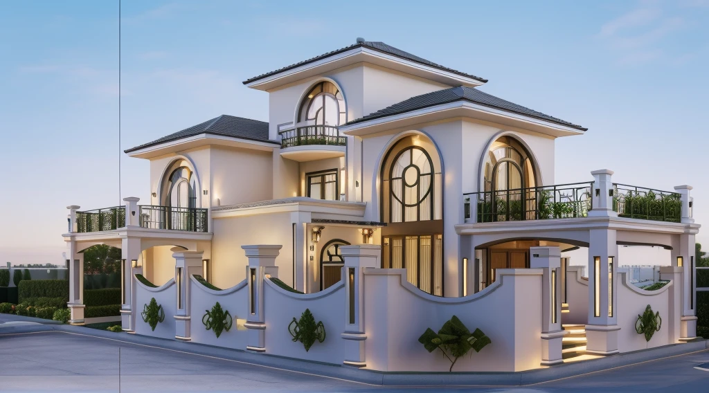 (Townhouse in city ,close houses and trees), (indochine style architecture) daylight ( best quality) ((high solution)) ,(( photo realistic)) ,warm light,  soft lighting, warm atmosphere,high Resolution, hyper detailed,4k ,vray render, octane render, hyper realistic, photography expert ,exterior design , professional photography, exterior photography,wide-angle shot , ultra detail , high Resolution , full frame, full body