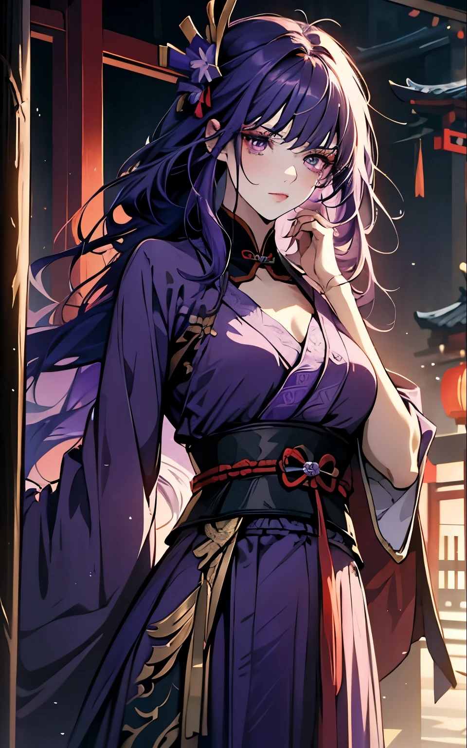 1 women, Raiden Shogun - genshin impact, long purple hair, violet eyes, violet chinese clothes, ultra long skirt, chinese room, portrait, sexy, uncovered chest boobs