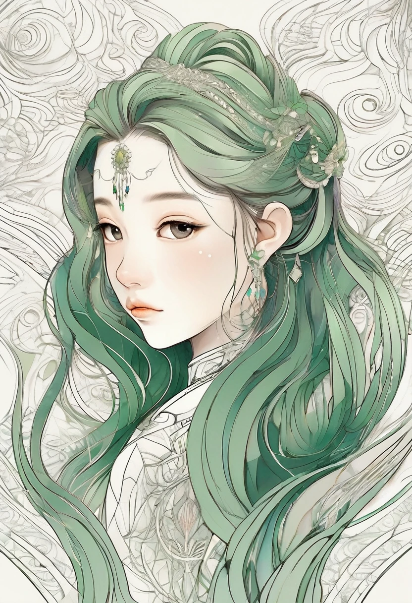 A small girl with a cool face is sitting upright and looking at the viewer.、Long Hair、The background features a large line art of a gentle goddess.、White background、Dark green lines、Fractal Art Lines、Zendangle Art、Masterpiece、Ultra-detailed、8K