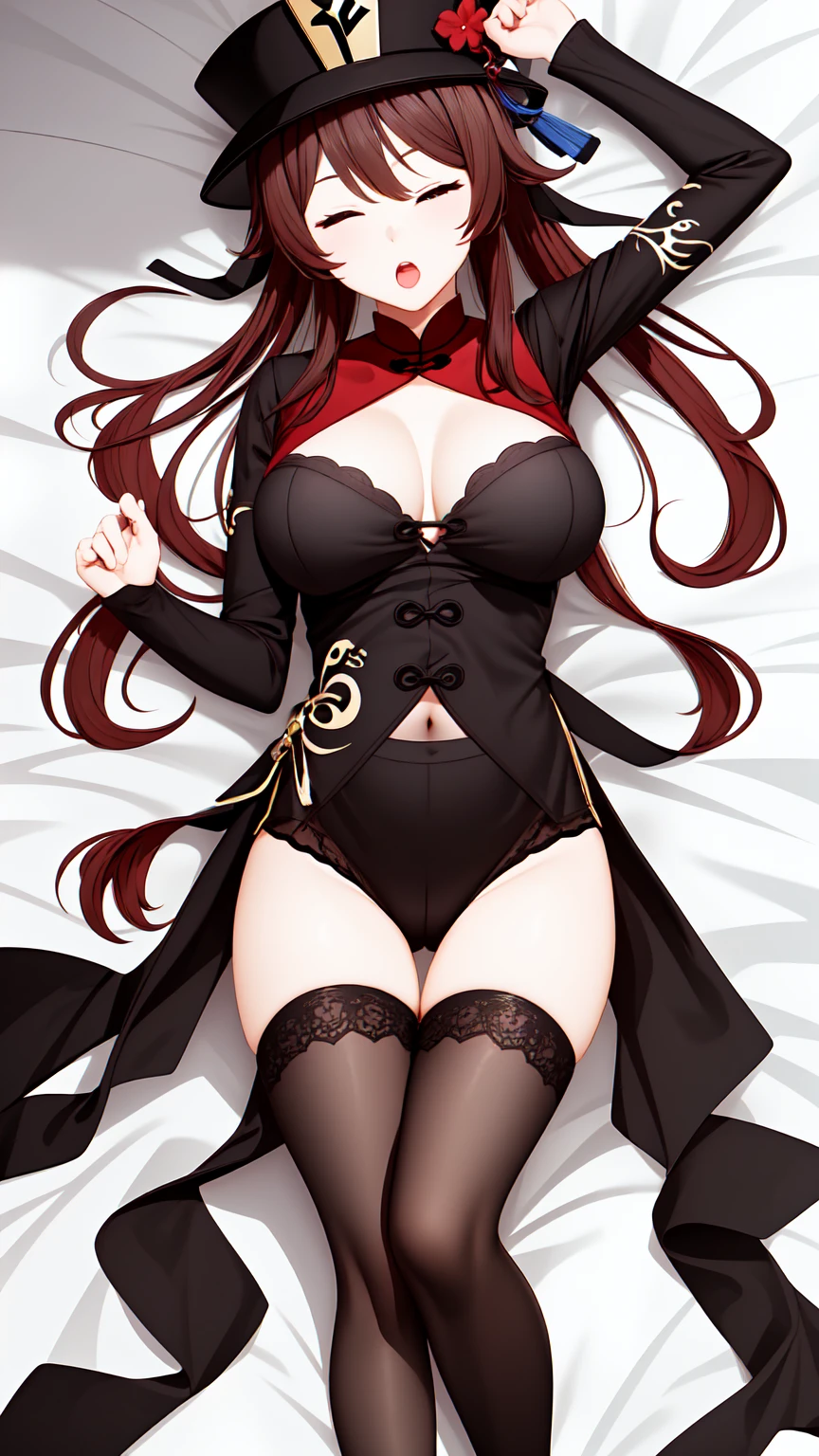 1girl, solo, large breasts, hutaodef, embarrassed, ;o, one eyes closed, on bed, lying, thigh gap, arm behind, knee, knee highs