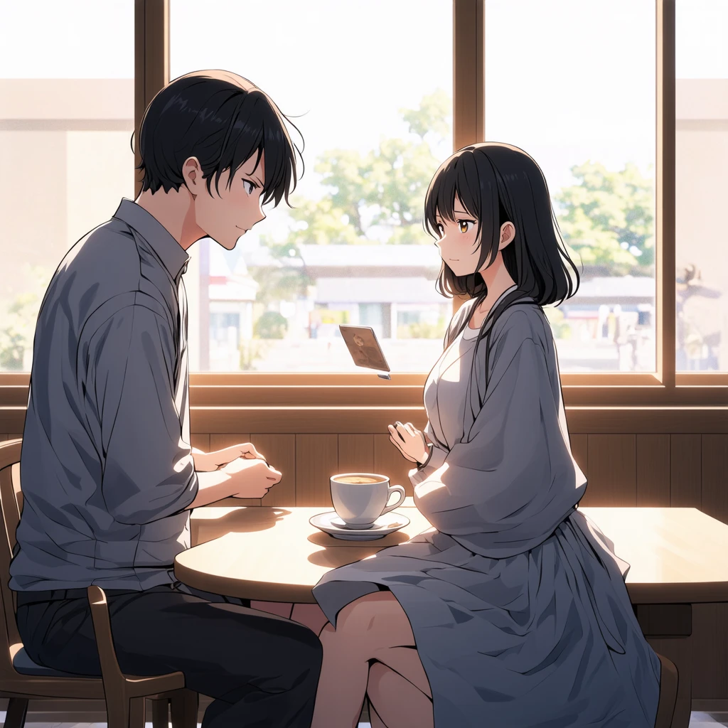 Anime couple sitting at a table with a cup of coffee - SeaArt AI