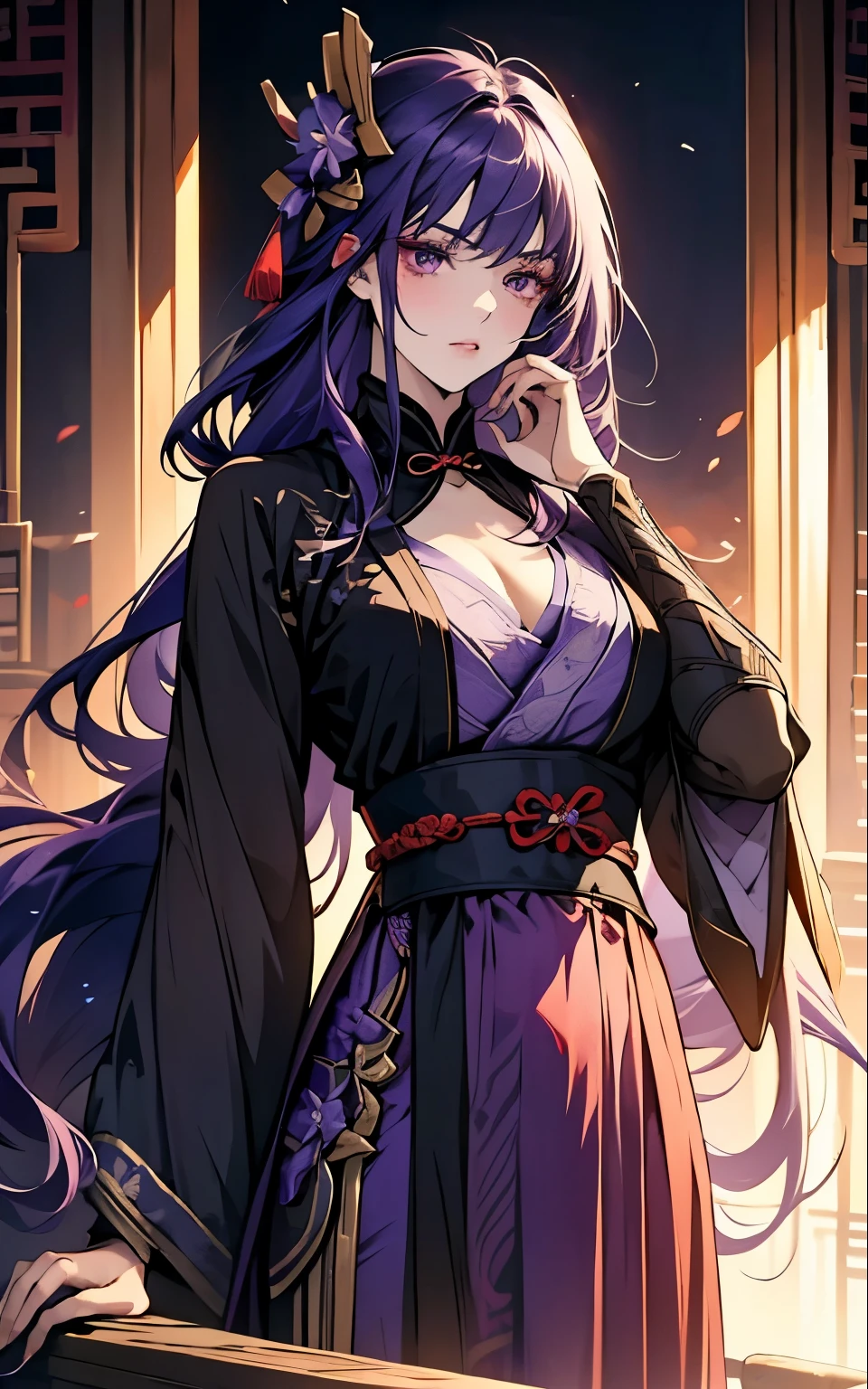 1 women, Raiden Shogun - genshin impact, long purple hair, violet eyes, violet chinese clothes, ultra long skirt, chinese room, portrait, sexy, uncovered chest tits