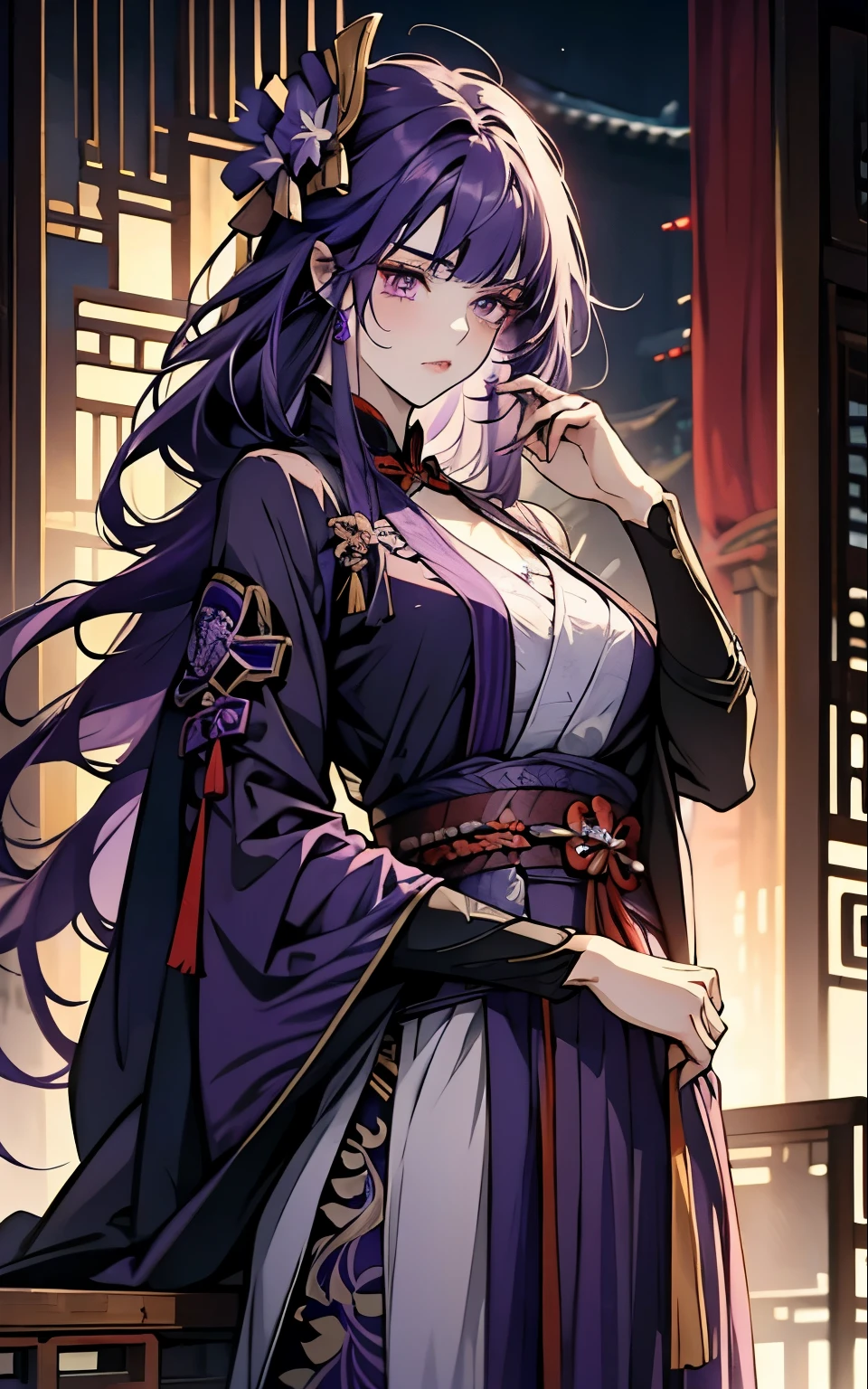 1 women, Raiden Shogun - genshin impact, long purple hair, violet eyes, violet chinese clothes, ultra long skirt, chinese room, portrait, sexy, uncovered chest tits