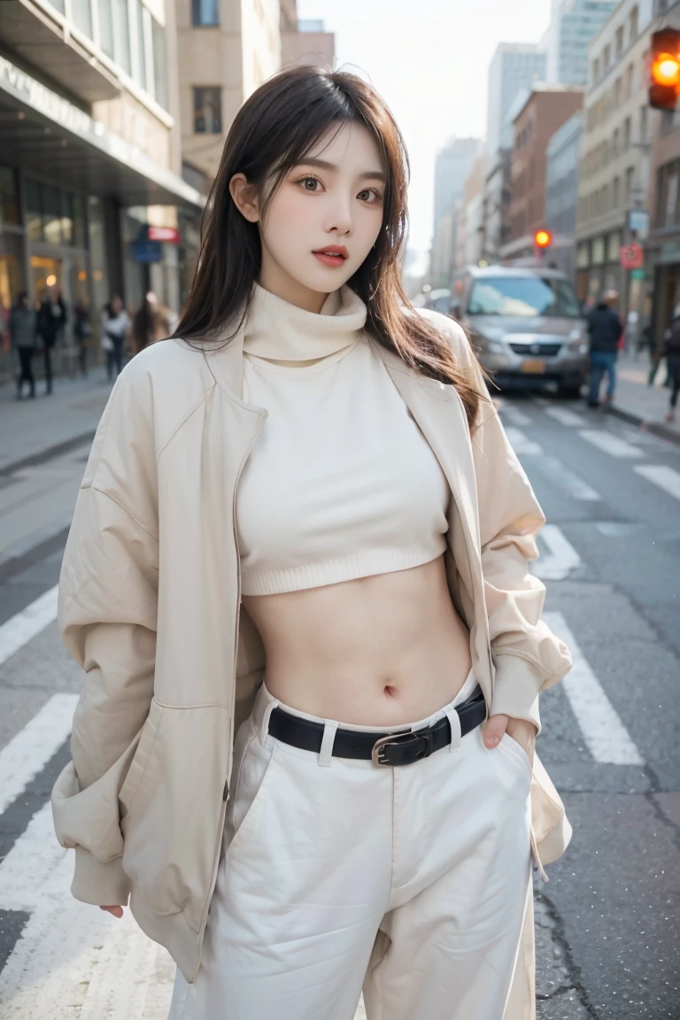 girl in winter scene, Short belly down jacket, Exposed lower abdomen,Low-rise pants, Metal belt,((cowboy shot)),Looking at the camera,Detailed facial features, beautiful eyes, Lips, and long eyelashes, Reality, 8K, Very detailed, Studio Lighting, Dramatic Lighting, Vibrant colors, work, City Streets,The abdomen is open,Showing belly,Sexy abdominal muscles