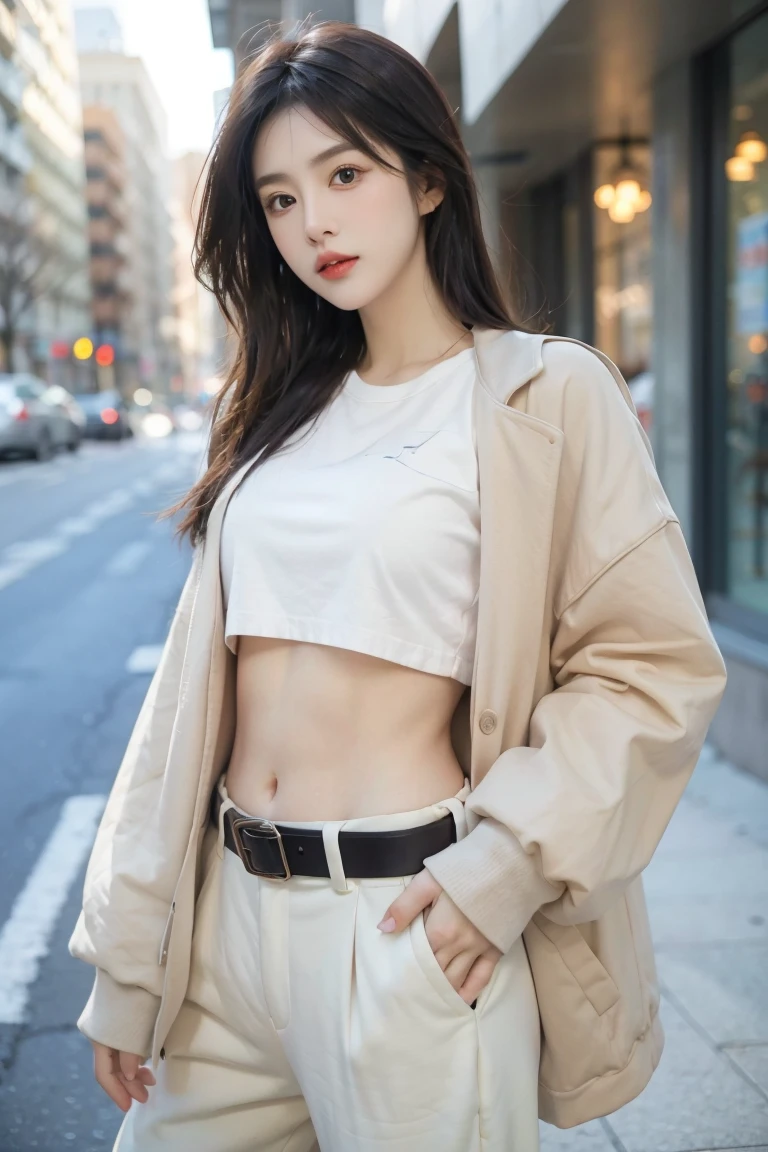girl in winter scene, Short belly down jacket, Exposed lower abdomen,Low-rise pants, Metal belt,((cowboy shot)),Looking at the camera,Detailed facial features, beautiful eyes, Lips, and long eyelashes, Reality, 8K, Very detailed, Studio Lighting, Dramatic Lighting, Vibrant colors, work, City Streets,The abdomen is open,Showing belly,Sexy abdominal muscles