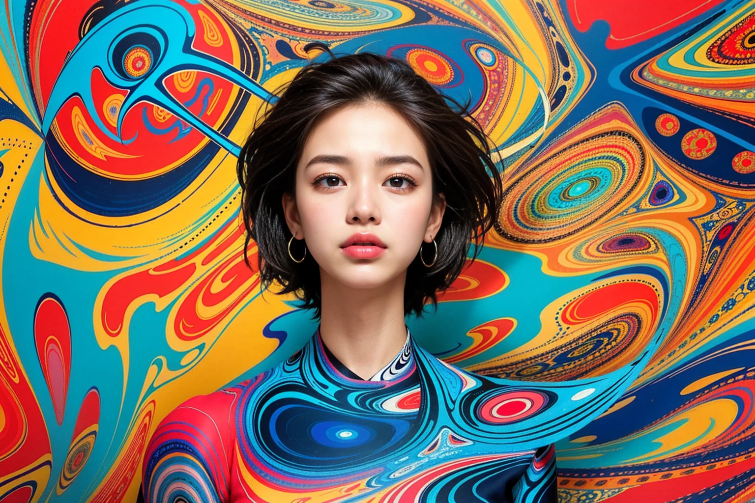 A captivating, vivid, stylized portrait of a woman, whose entire body is expertly crafted with bold, intricate scribbles. The woman's skin has a striking bluish hue, a testament to the artist's creative talent. She is adorned with dazzling jewels, giving her an air of mysticism. The background is awash with colorful scribbles, while expressive brushstrokes and swirling patterns create a dynamic, high-contrast atmosphere. This extraordinary artwork is a masterful blend of Abstract Expressionism, Graffiti Art, Urban Street Art and Afrofuturism, reminiscent of the styles of Justin Copeland, Jean-Michel Basquiat and Keith Haring.