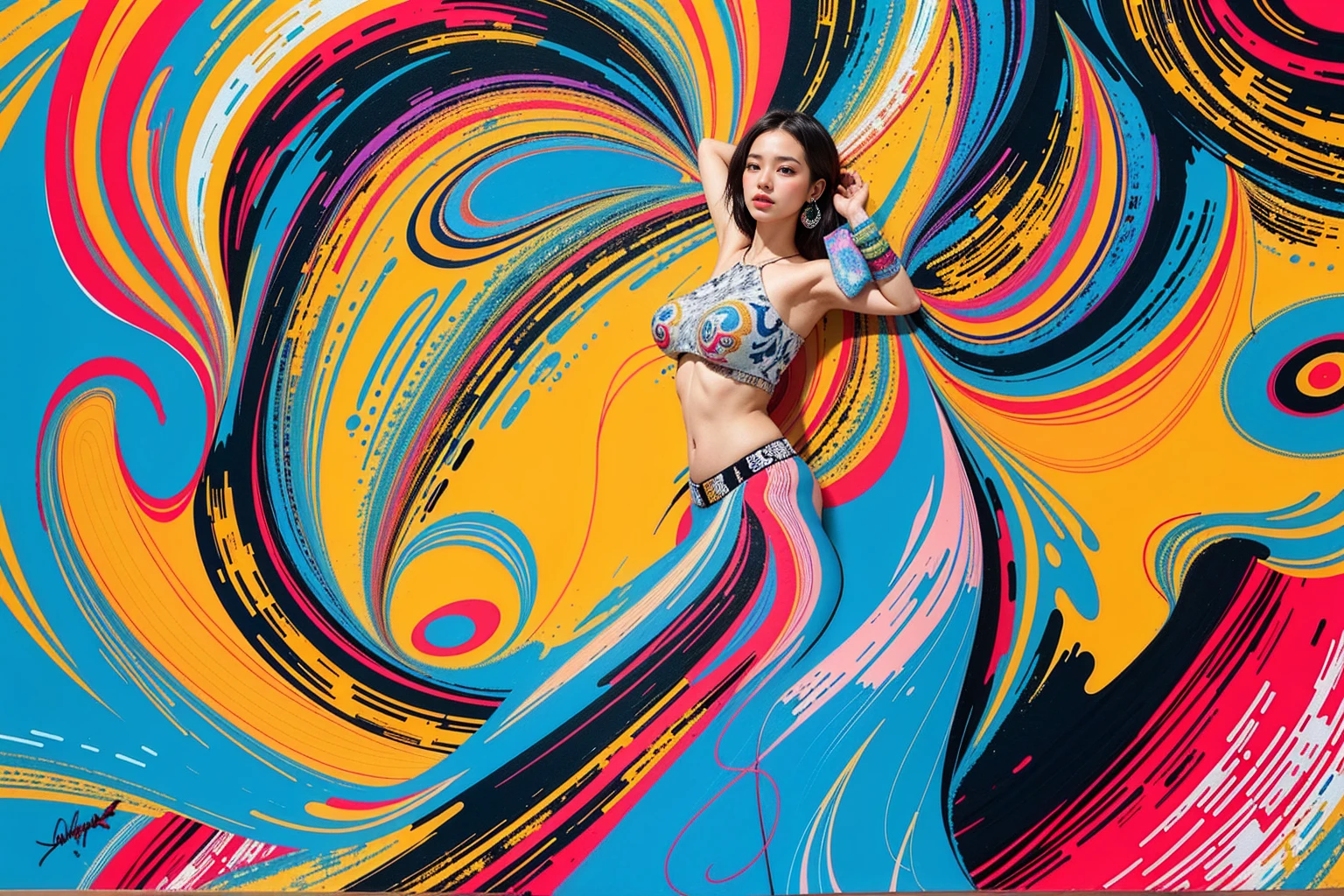 ((Realistic lighting, Best quality, 8K, Masterpiece: 1.3)), Clear focus: 1.2, 1girl, Perfect Figure: 1.4, Slim Abs: 1.1, ((Dark brown hair)), Super fine face, Fine eyes, Double eyelids, (((massive natural breasts))),
(((at the crowded paint class))), (((long wavy hair blowing in the wind))), (((sexy face))), (((massive natural breasts)))
A whirlwind of vibrant colors, each brushstroke telling a story of chaos and beauty in equal measure. At the heart of the painting, a mesmerizing kaleidoscope of hues converges to form a stunning focal point, hinting at hidden depths of emotion and meaning. This striking abstract painting, a masterpiece of emotional expression and artistic talent, invites viewers to get lost in its intricate details and layers of color. Vibrant, captivating, and undeniably impactful, this image is a testament to the boundless creativity and skill of the artist. (((paint spatter))),slingshot, smiling