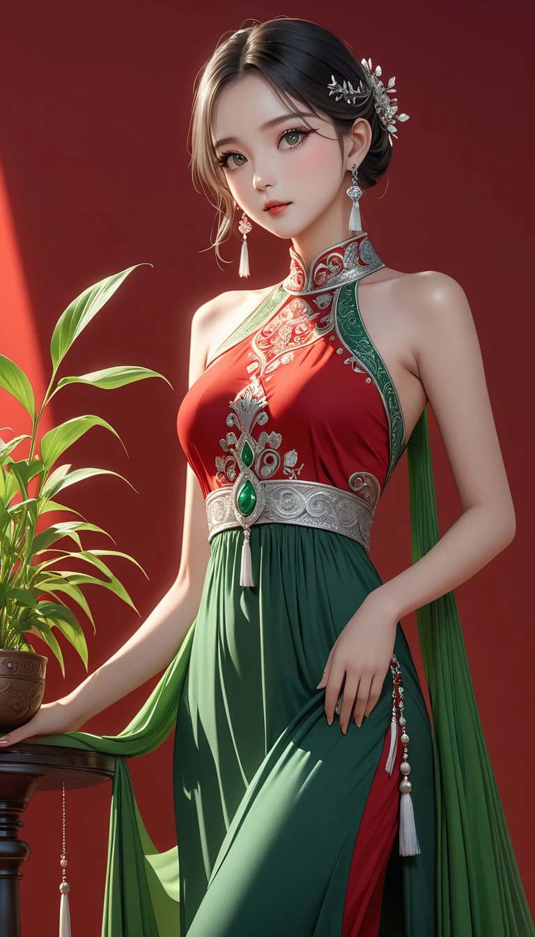 (masterpiece,high quality,8K).beautiful girl,Ethnic evening dress:1.5.Skin details,Bright Eyes,Thick eyelashes,Unique,Staring at the audience),(High Neck Sleeveless Red and Green Maxi Dress,Long legs,seedling:1.5,Silver jewelry:1.2,silver tassel:1.37,)。Light and Shadow,Clean and simple red background