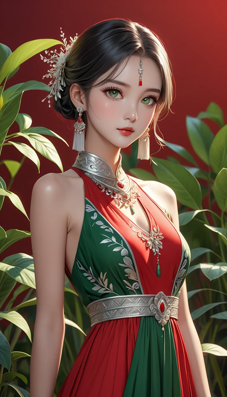 (masterpiece，high quality，8K).beautiful girl，Ethnic evening dress：1.5.Skin details，Bright Eyes，Thick eyelashes，Unique，Staring at the audience），（High Neck Sleeveless Red and Green Maxi Dress，Long legs，seedling：1.5，Silver jewelry：1.2，silver tassel：1.37，）。Light and Shadow，Clean and simple red background