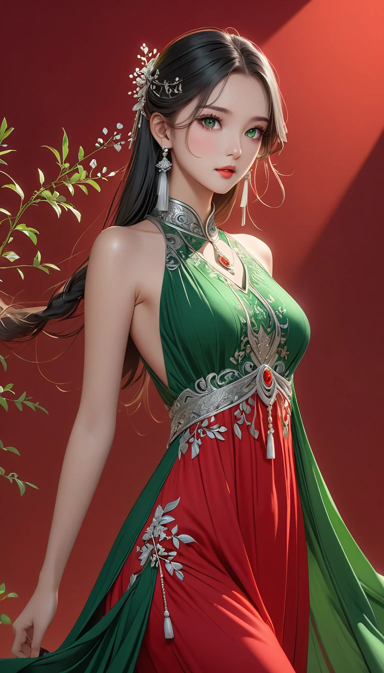 (masterpiece,high quality,8K).beautiful girl,Ethnic evening dress:1.5.Skin details,Bright Eyes,Thick eyelashes,Unique,Staring at the audience),(High Neck Sleeveless Red and Green Maxi Dress,Long legs,seedling:1.5,Silver jewelry:1.2,silver tassel:1.37,)。Light and Shadow,Clean and simple red background