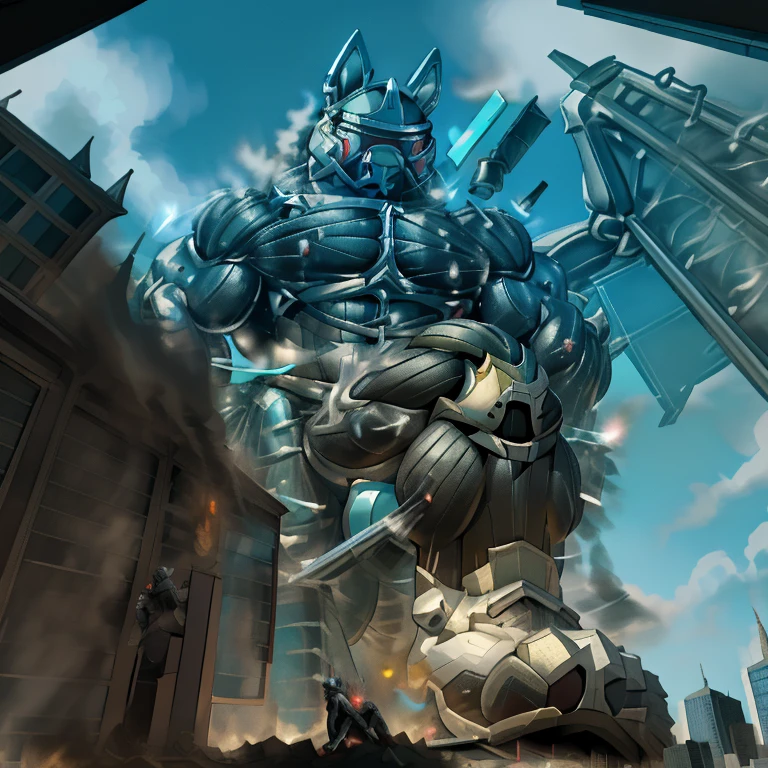 (masterpiece. official art. 8k. best quality. detailed full body. full body.) A man in stylish armor fights against the magnificent biomechanical LUCARIO. (situation 1 : dominating LUCARIO. focus GIANT mechanical Muscular LUCARIO is trampling the CITY. macro. stomp. Low-angle perspective. emphasizing the immense size. The perspective is from below, emphasizing the sheer majesty and power of the Giant. giant art. He is much bigger than a skyscraper. Giga Giants. micro soccer field. looking down. .) (situation 2 :smoke and flames rising from the destruction in the city) (Additional details 1: wearing a full-face helmet. helmet is jet black. The color of NANOSUIT is jet black. high-tech bio-mecha armor. real texture material. whole body shines like metal. Wearing cyberpunk mecha. emphasizes the muscles. suit fully made of metal. intricate armor. Robotic suit. suit fully made of metal. NANOSUIT with the same design as LUCARIO.). (Additional details 2: (Detailed head. Detailed Body. Detailed abs. gigantic muscles. HYPER MUSCLES. Gigachad Muscular. big muscle. pecs. triceps. traps. unusually developed muscular body. body full of huge muscles. showing off muscles. pectorales enormes. Exaggeratedly huge muscles. huge muscles. long legs.). (Additional details 3: nj5furry, Spread wings. It has wings. black have big wings. The claws are sharp. Sharp teeth.5 toes.). (Additional details 4: black color hyper penis. hyper black penis. big penis) (Additional details 6 : Spraying hyper cum up everywhere into the sky from his erect penis. wide spray of cum, covered in cum, cum splashing in front of camera, bukkake, earth is under a thick later of cum.) He is laughing defiantly.