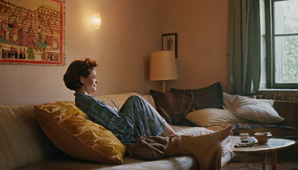 An analog photo of a woman with translucent Hgrande colors, leisurely lounging on a sofa adorned with plush pillows, 1960s kitchen with retro style at the background, 1963 50mm vintage beautiful photo, morning light, Kodak Camera, soft focus, hq, warm light, muted colors, cozy, atmospheric, sinister, High fidelity.  8k, hq, render, Hyperrealism, cinestill distance light i no people happy mood, johansson, looking at the experience, Moodyon Film grain, lens flare, Leica M9, f/1.2, 1/30, ISO 200, 1/250s, f/8, symmetrical balance, in-frame, elegant, highly detailed, subtle smiling, sharp focus, art adamss of colours