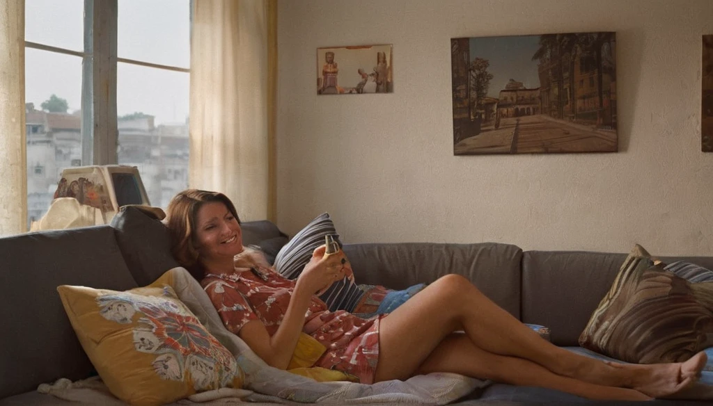 An analog photo of a woman with translucent Hgrande colors, leisurely lounging on a sofa adorned with plush pillows, 1960s kitchen with retro style at the background, 1963 50mm vintage beautiful photo, morning light, Kodak Camera, soft focus, hq, warm light, muted colors, cozy, atmospheric, sinister, High fidelity. 8k, hq, render, Hyperrealism, cinestill distance light i no people happy mood, johansson, looking at the experience, Moodyon Film grain, lens flare, Leica M9, f/1.2, 1/30, ISO 200, 1/250s, f/8, symmetrical balance, in-frame, elegant, highly detailed, subtle smiling, sharp focus, art adamss of colours