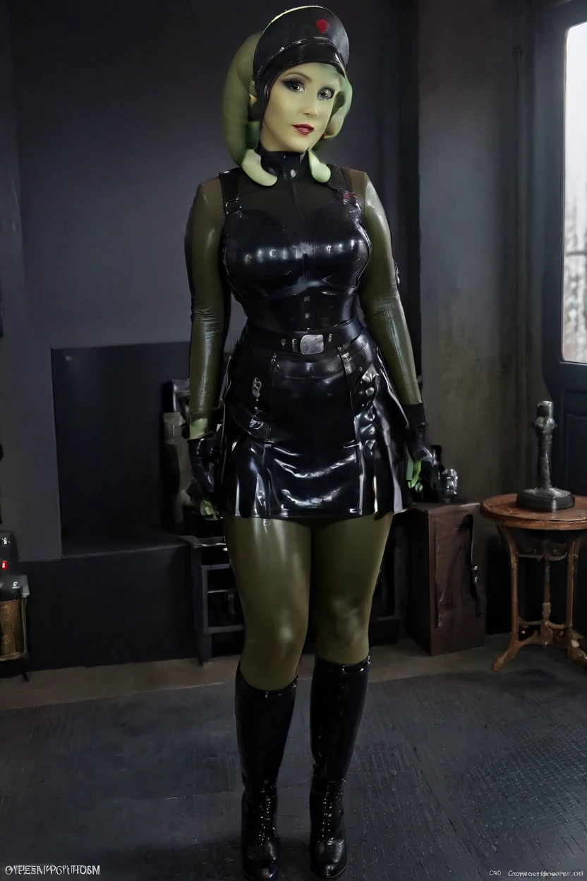 cinematic film still hera syndulla, (green skin:1.2), grin at canal, full body imperail officer wearing a black uniform with a skirt, standing in a dark interior, highly detailed, high budget Hollywood movie