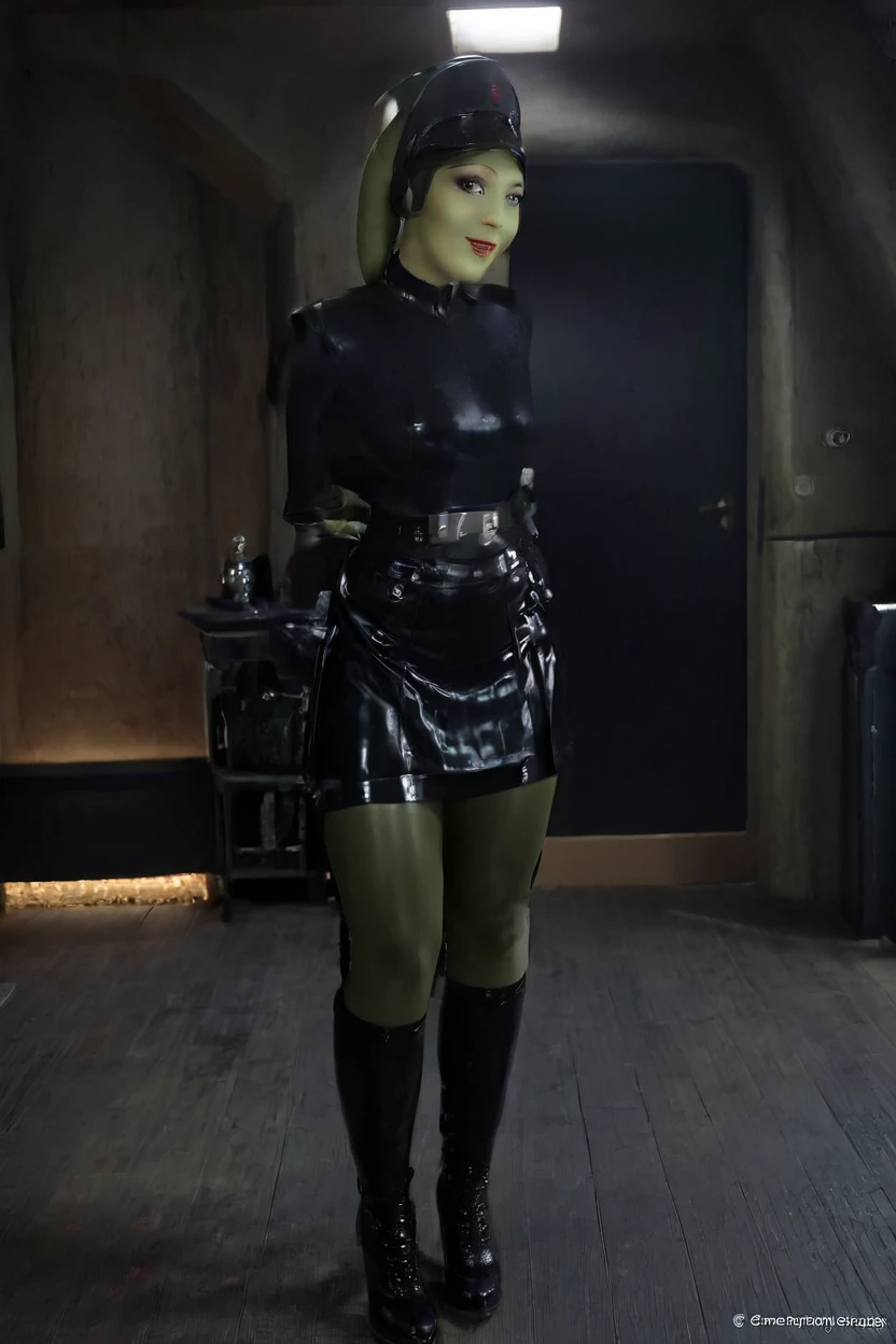 cinematic film still hera syndulla, (green skin:1.2), grin at canal, full body imperail officer wearing a black uniform with a skirt, standing in a dark interior, highly detailed, high budget Hollywood movie
