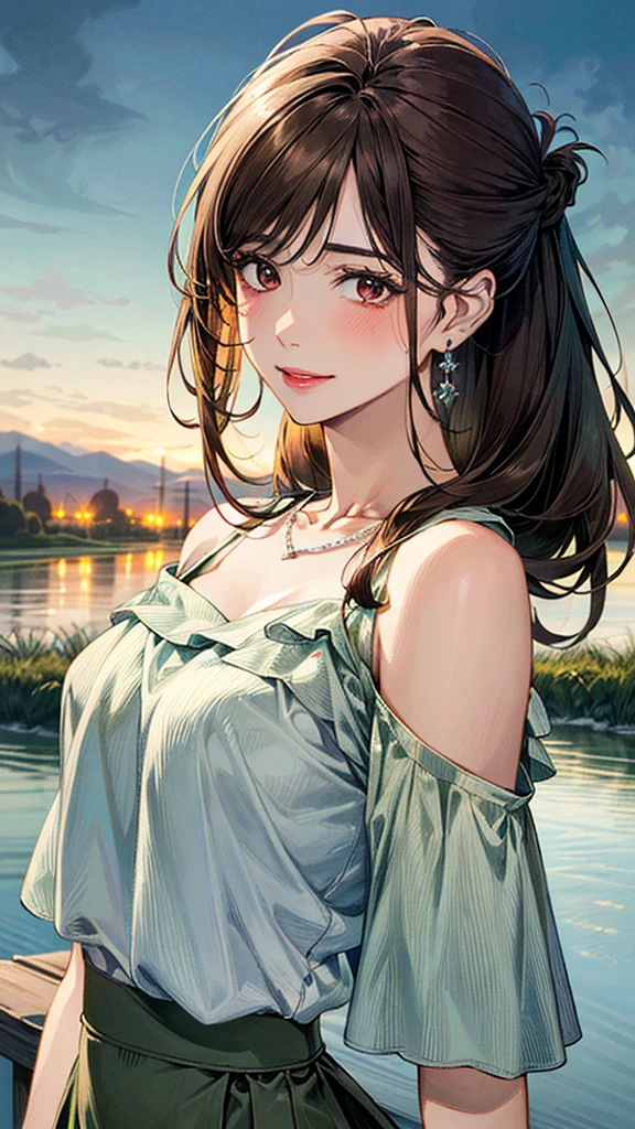 (masterpiece:1.3, Highest quality, Ultra-high resolution, Super detailed), (Realistic, photoRealistic:1.4), Beautiful illustrations, Perfect lighting, colorful, Depth of written boundary, Beautiful detailed hair, Beautifully detailed face, Beautiful fine details, Droopy eyes、Beautiful clavicle, Beautiful body, 美しいLarge Breasts, Beautiful thighs, Beautiful feet, Beautiful fingers, View Viewer、Front view:0.6, Beauty1人, Japanese, Beauty、30 years old, Perfect Face, (Perfect Anatomy, Anatomically correct), Cute and symmetrical face, Baby Face, , Shiny skin, (Dark green cold shoulder blouse:1.4),((Long skirt:1.5)) 、(Dark brown hair, Updo Hair:1.4), braided bangs、Dark brown eyes, Droopy eyes、Large Breasts, Slim body, necklace, Small earrings:1.1, (Beautiful views), (evening), Country Road, Riverside、A soft smile、(Smile, Lips parted),