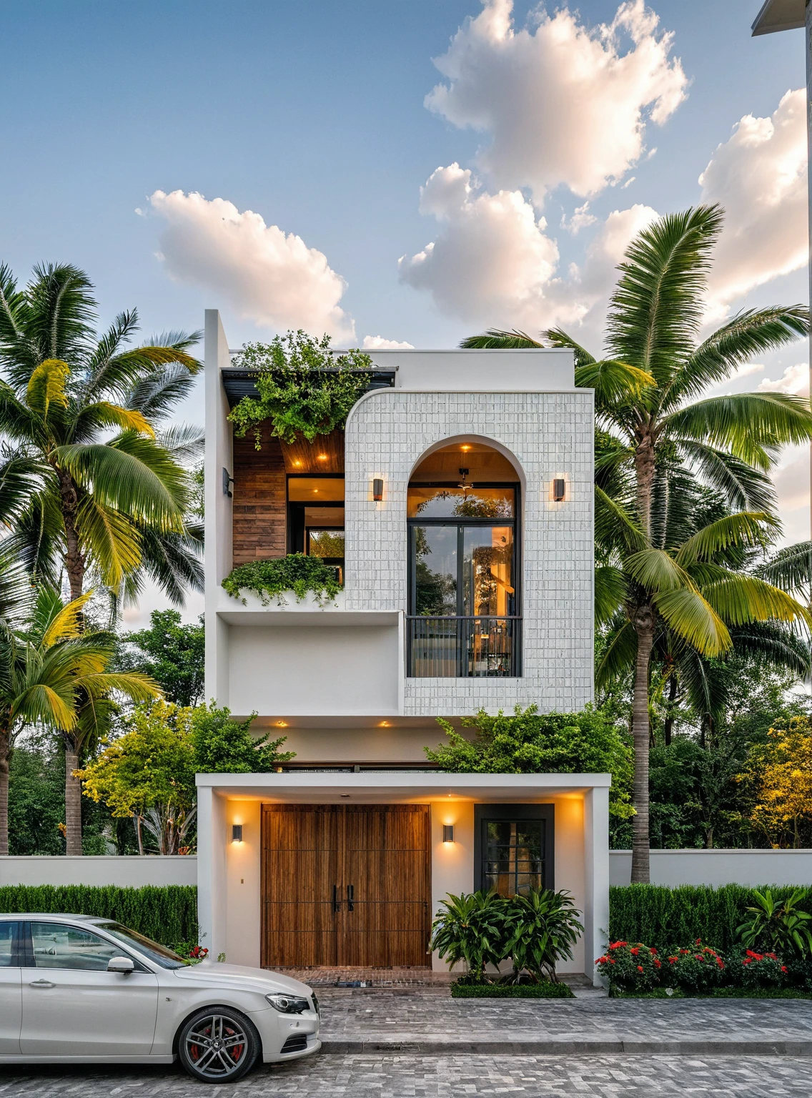 Masterpiece, high-end, best quality, authentic, super detailed, outdoor, aiaigroup, modern 2-storey townhouse, stairs, white walls combined with wood, wind encaustic tiles, iron gate, conwood ceiling, flowers , path, summer evening, grass, trees, sky, clouds, (daylight: 1.1)