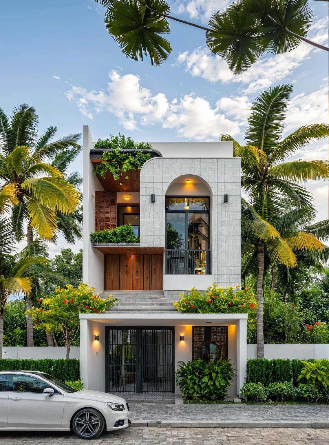 Masterpiece, high-end, best quality, authentic, super detailed, outdoor, aiaigroup, modern 2-storey townhouse, stairs, white walls combined with wood, wind encaustic tiles, iron gate, conwood ceiling, flowers , path, summer evening, grass, trees, sky, clouds, (daylight: 1.1)