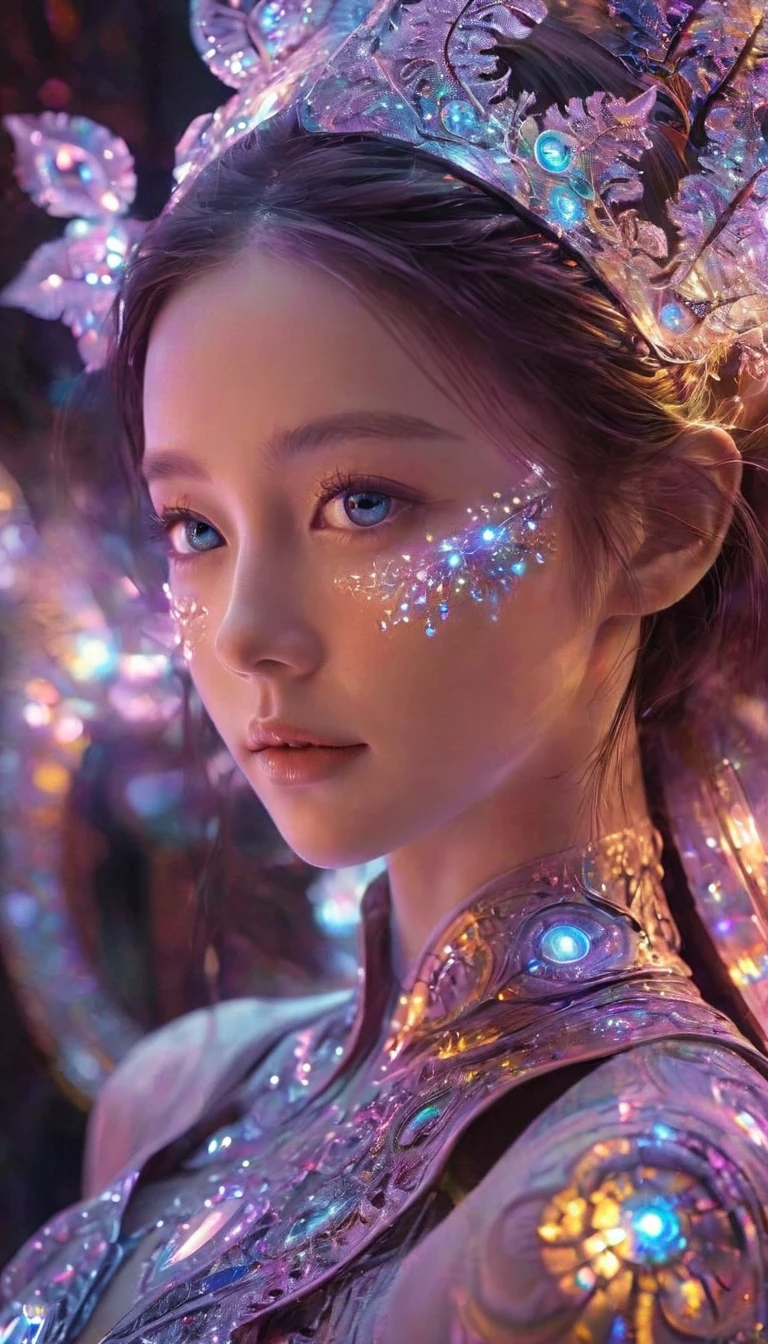 Close-up of the eyes, fractal,glowing,1girl,bling bling, veela, very fine luminous quantum dots, extraterrestrial