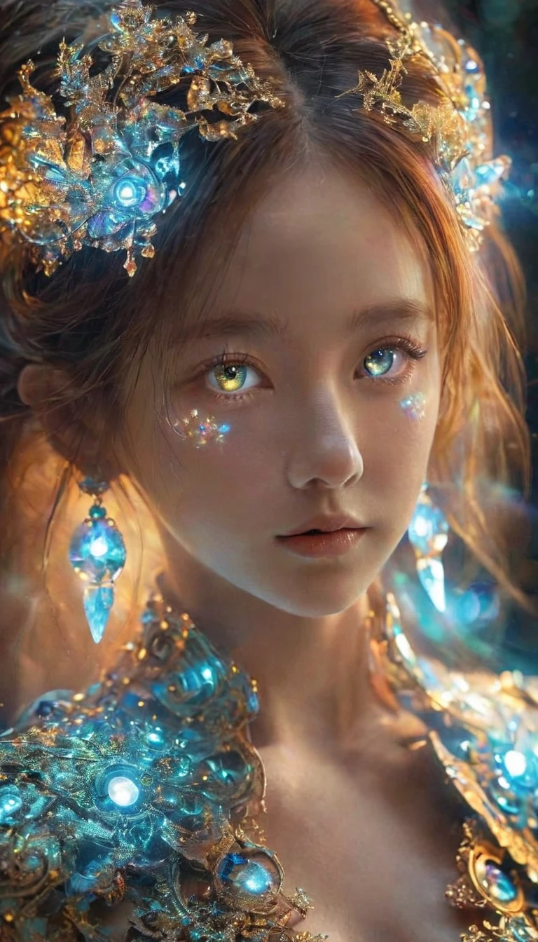 Close-up of the eyes, fractal，glowing，1girl，bling bling, veela, very fine luminous quantum dots, extraterrestrial