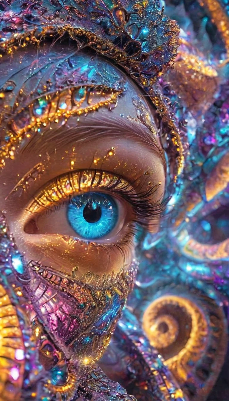 Close-up of the eyes, fractal，glowing，1girl，bling bling, veela, very fine luminous quantum dots, extraterrestrial