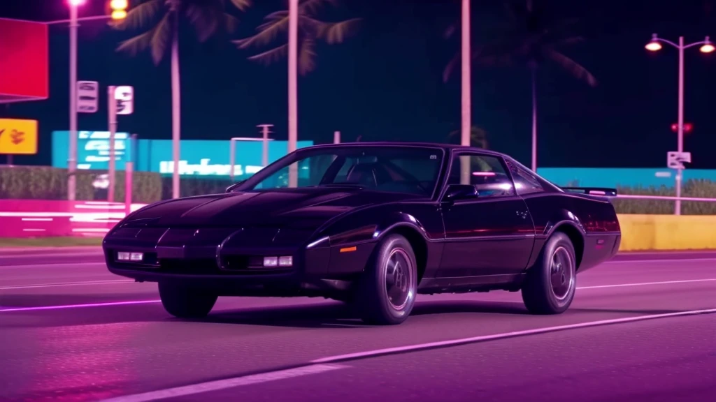 RAW photograph of a black car driving on a neon street at night vaporwave, screengrab from TV show Miami Vice, raining, high resolution, high quality, high detail, soft lighting, cinematic lighting, realistic, DSLR, bokeh, studio quality, film grain