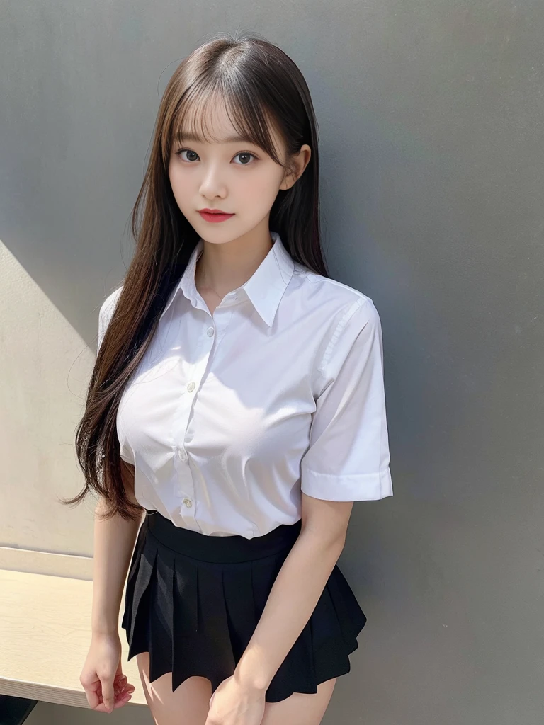 A young woman stands and gives a presentation wearing a sexy academic uniform.,Small milk,Look at me on the table, black skirt,Unbutton your shirt and show your breasts., Open a tight white shirt.,(collar shirt),、(Masterpiece、Highest quality) 、for sharp images、The sun is strong.、Definitely a striking image., very very beautiful、Masterpiece, Highest quality,picture, cute,((23 year old woman:1.2)), realistically,realistic