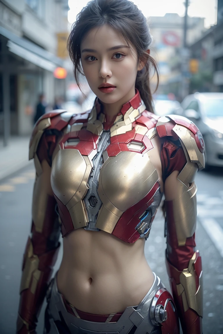 A girl wearing Iron Man armor,Exposing sexy belly,((cowboy shot)),Looking at the camera,Detailed facial features, beautiful eyes, Lips, and long eyelashes, Reality, 8K, Very detailed, Studio Lighting, Dramatic Lighting, Vibrant colors, work, City Streets,The abdomen is open,Showing belly,Sexy abdominal muscles