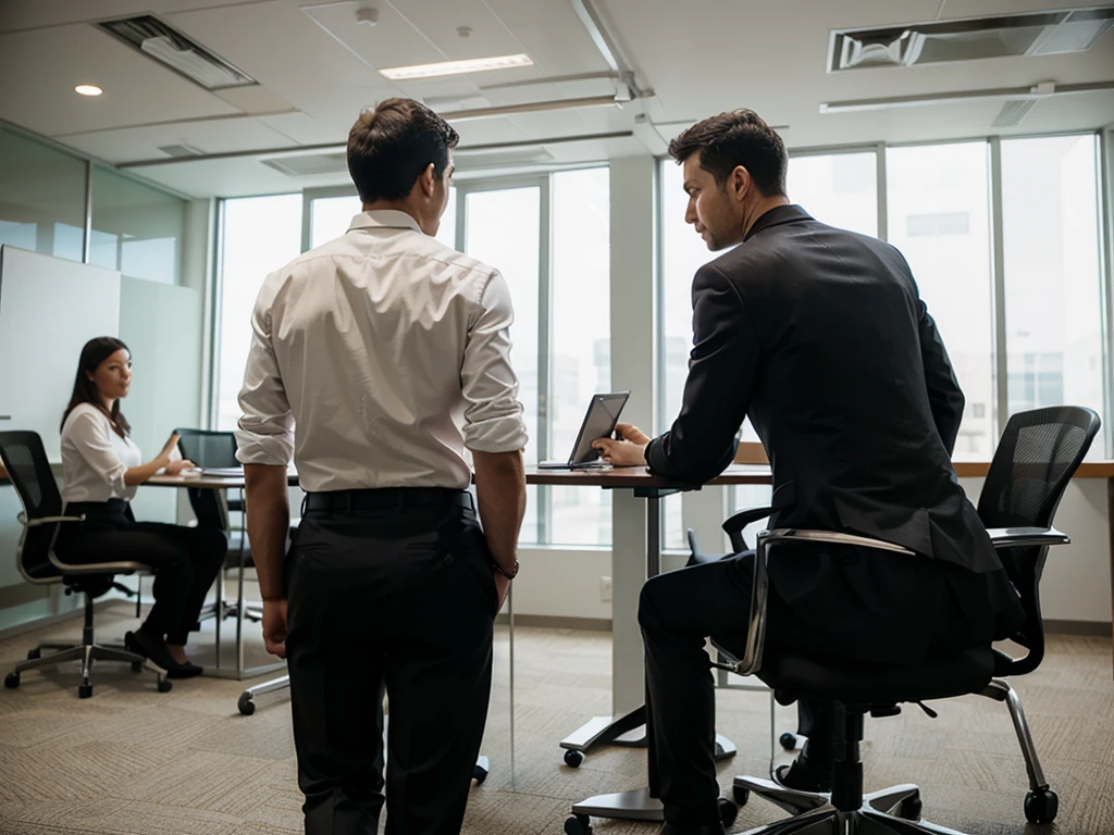 Back view of businessman having meeting with employees in conference room with laptop computer.