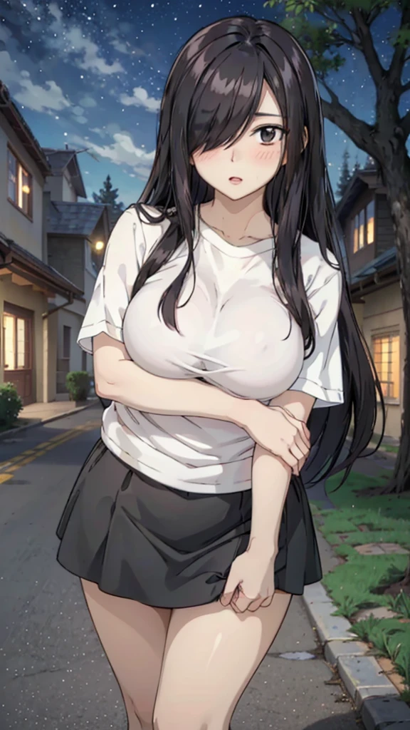 Cute mommy, mature women, realistic skin,perfect ,black hair, long hair, (hair over one eye:1.4), messy hair, hair between eyes, mini skirt, chubby,plump,fat,pucker lips,cute shy blush on, under tree,night