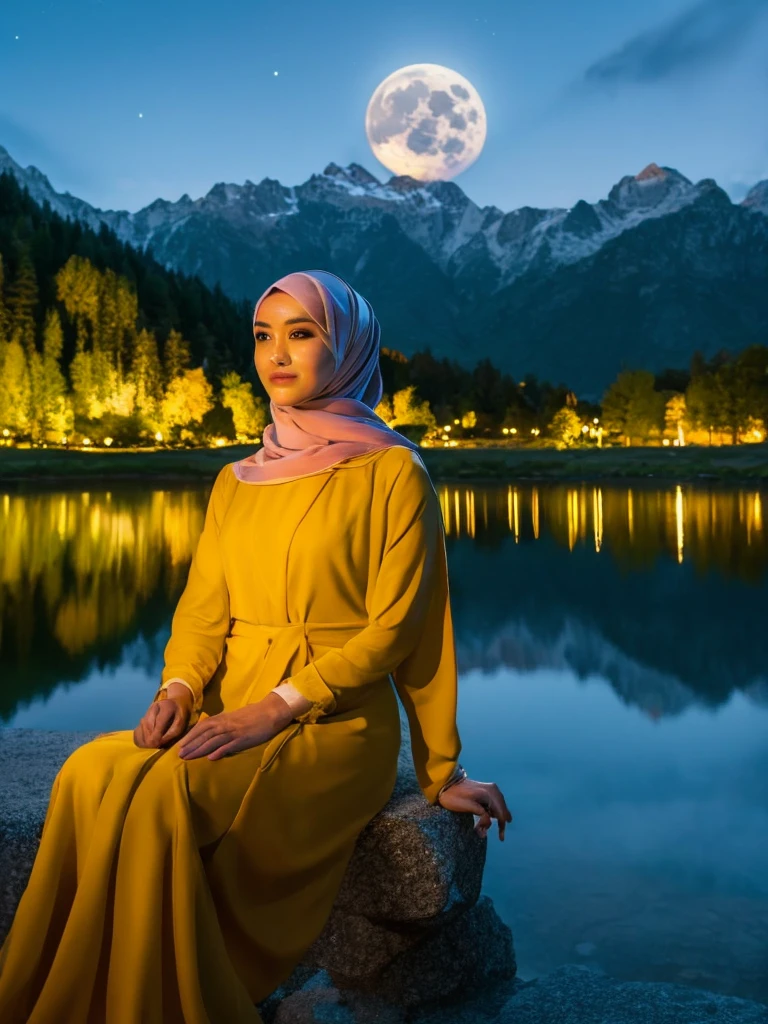 A very starry night. Big moon behind the mountains. The calm lake reflects the night. a beautiful korean woman wearing a hijab, yellow shirt, sitting with long dress, sad expression, realistic scene, detail, Photorealism, 16k