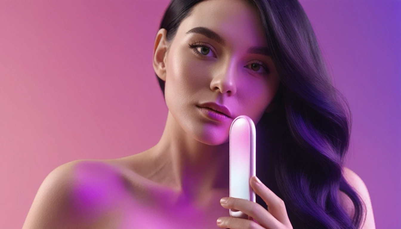 woman holds smartphone in her hand, naked european woman holding a dildo and smartphone that is glowing with pink and purple colours, in front of blackhair man, we can see their face close, closeup, minimalistic, in a light purple and pink style, with soft edges and blurred details, in the toycore style, with a 3D render, on a colorful background, with a minimalist stage design, in a surreal style, with a cinema4D rendering, with a minimalist style, with low saturation, using gradient colors, with a cinema4D rendering, with a blender rendering, with super detail, at a super high resolution, at a super high definition
