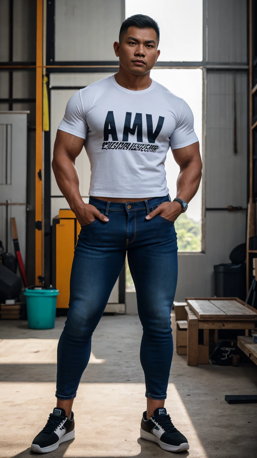RAW, Best quality, high resolution, (masterpiece: 1.3), full body shot, Masterpiece, large muscles, Indonesian man, short cropped hair, standing straight in a workshop, masculine pose, fierce expression, facing straight to viewer, t-shirt, long jeans, sneakers, at noon, workshop background, Great lighting, great sunlight, Bright colors, Ultra realistic clean lines, very realistic