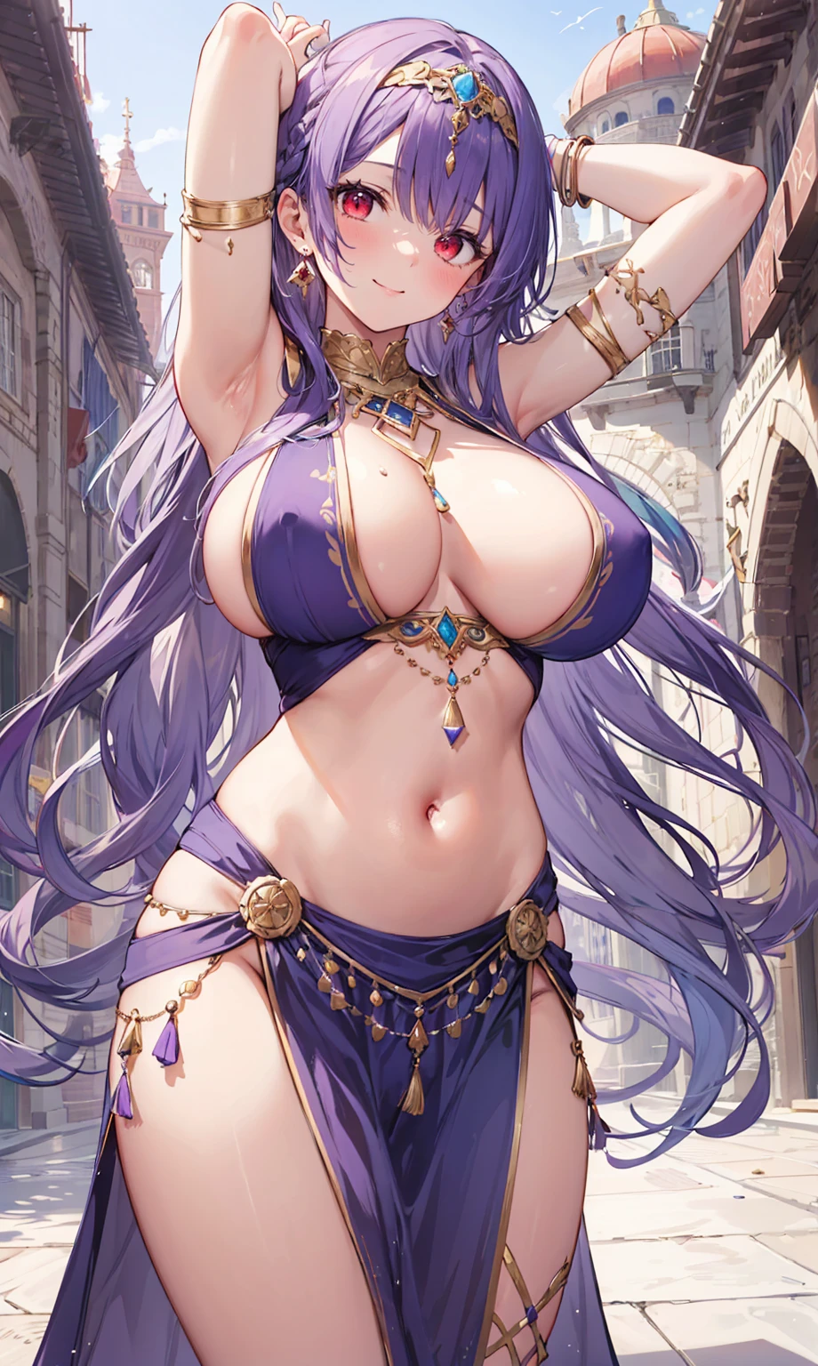 high quality, ultra detailed, best quality, ly detailed, beautiful, masterpiece, 1girl, medieval plaza, cowboy shot, red eyes, long hair, purple hair, belly dancer, circlet, earrings, armlets, bracelets, bashful smile, large breasts, cleavage, soft stomach